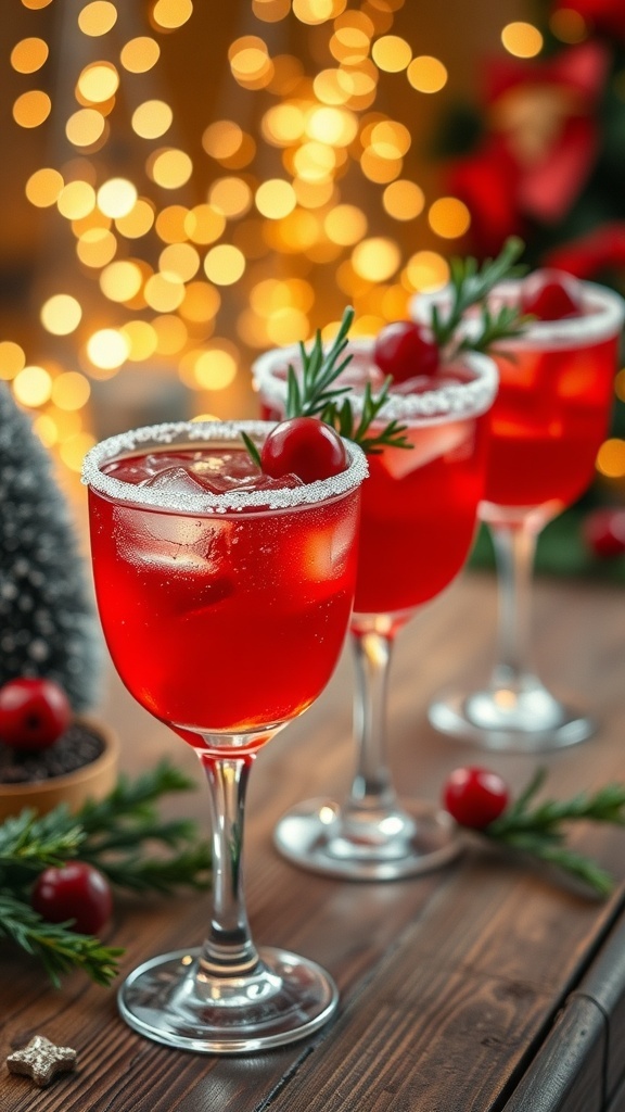 Festive Christmas Cocktails A festive arrangement of Christmas cocktails with cranberries and rosemary on a wooden table with fairy lights.